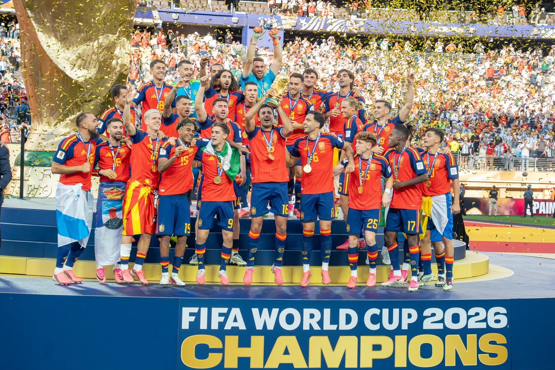 Spain players celebrating with the 2026 World Cup trophy